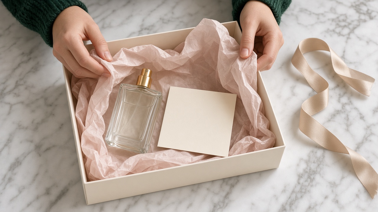 Primeira peça saindo da caixa com papel de seda blush